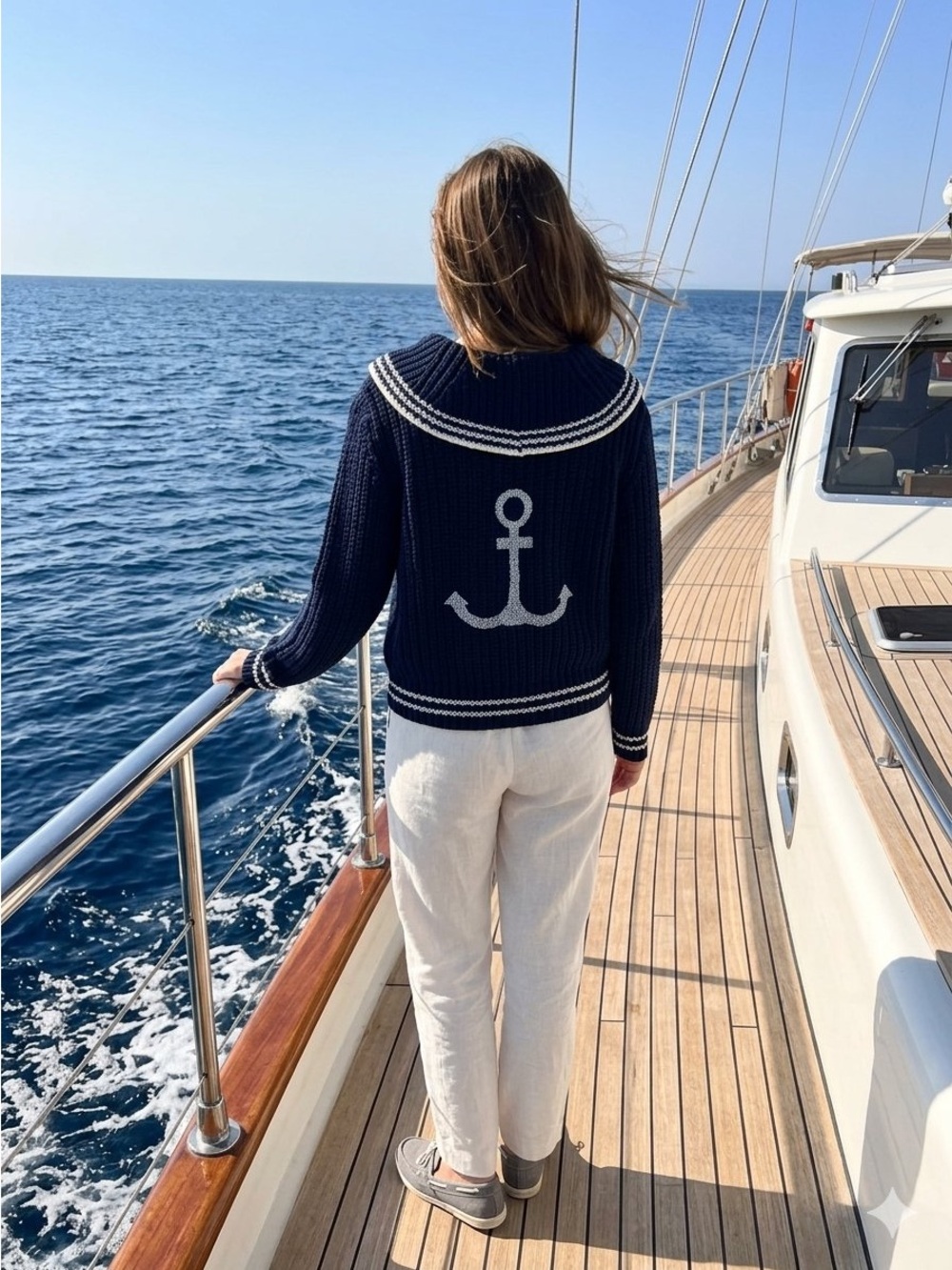 Marled Navy & White Anchor Sailor Crewneck Sweater